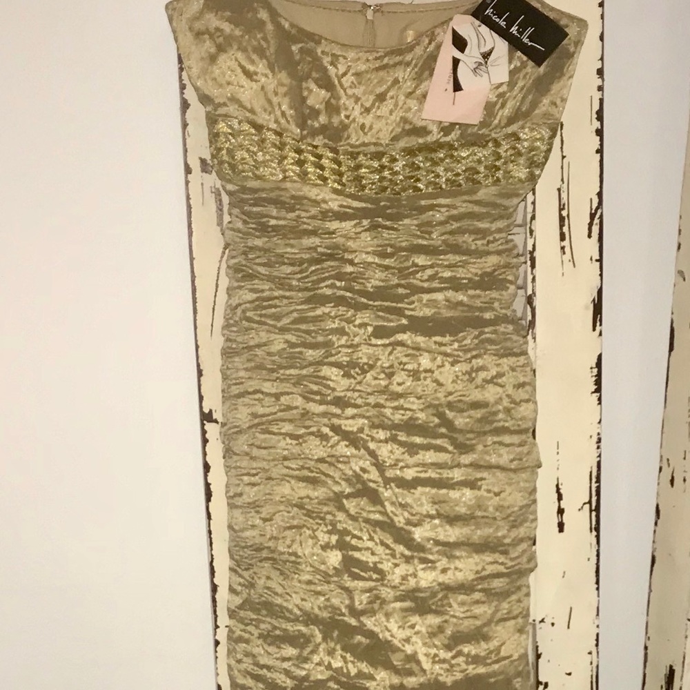 Nicole Miller long metallic gold Ruched Gown